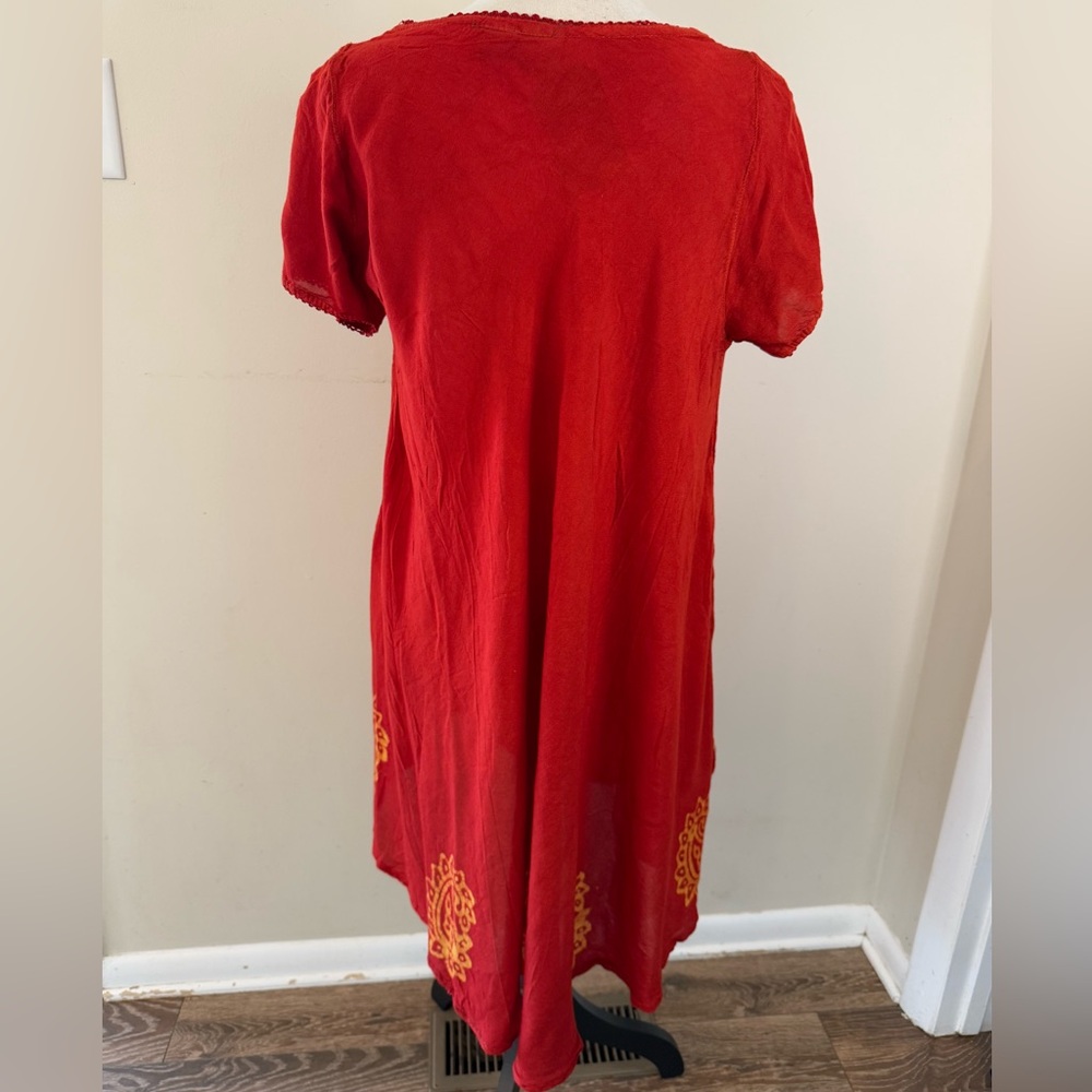 S.R. Fashions red embroidered gauzy midi dress free size - Picture 3 of 13